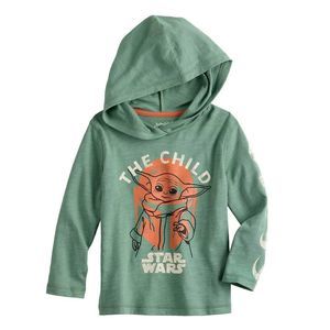 Star Wars The Mandalorian Long Sleeve Hooded Graphic Shirt, Baby Yoda Tee